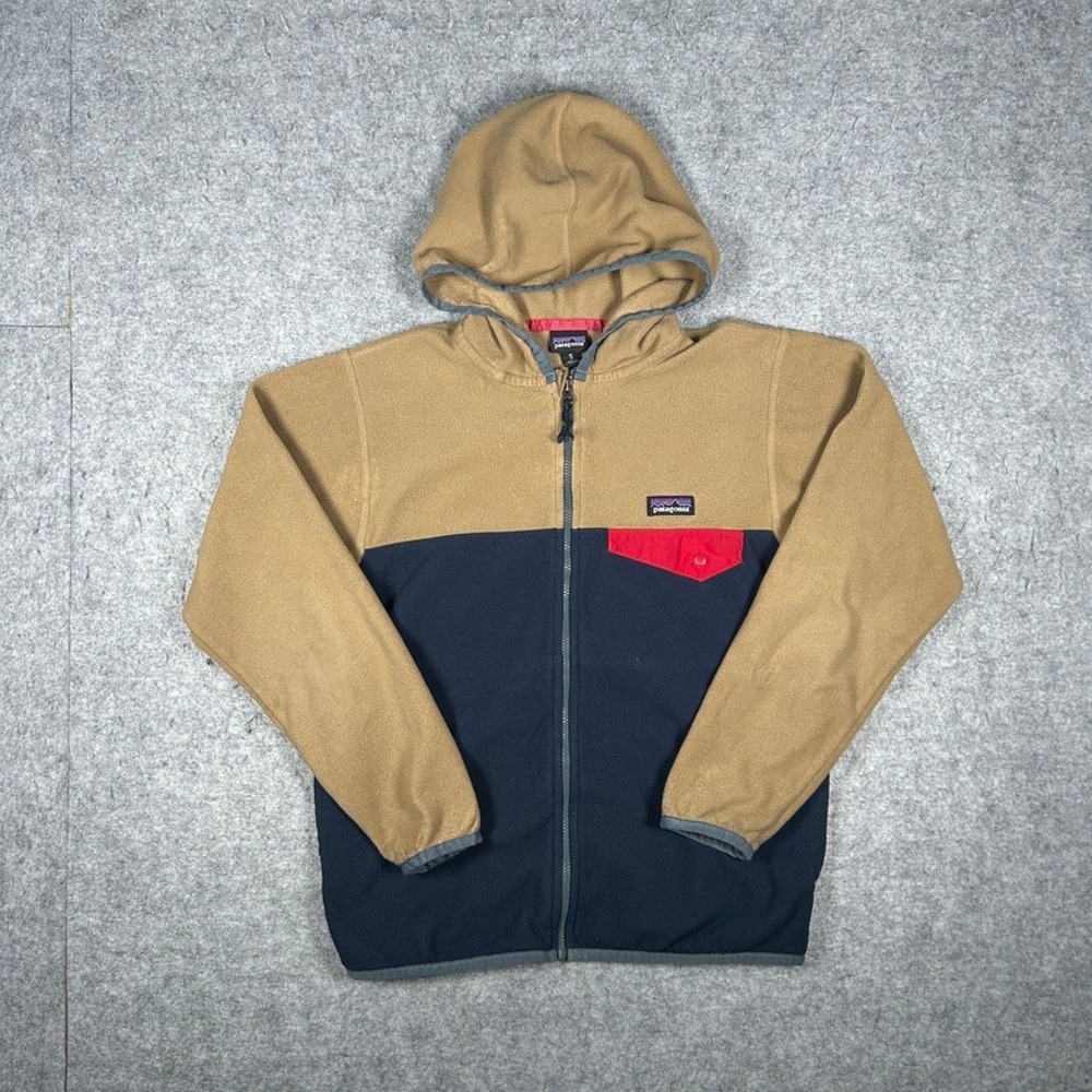 Patagonia Fleece Hoodie Kids M 10 Brown Navy Micro D Full Zip Jacket Synchilla